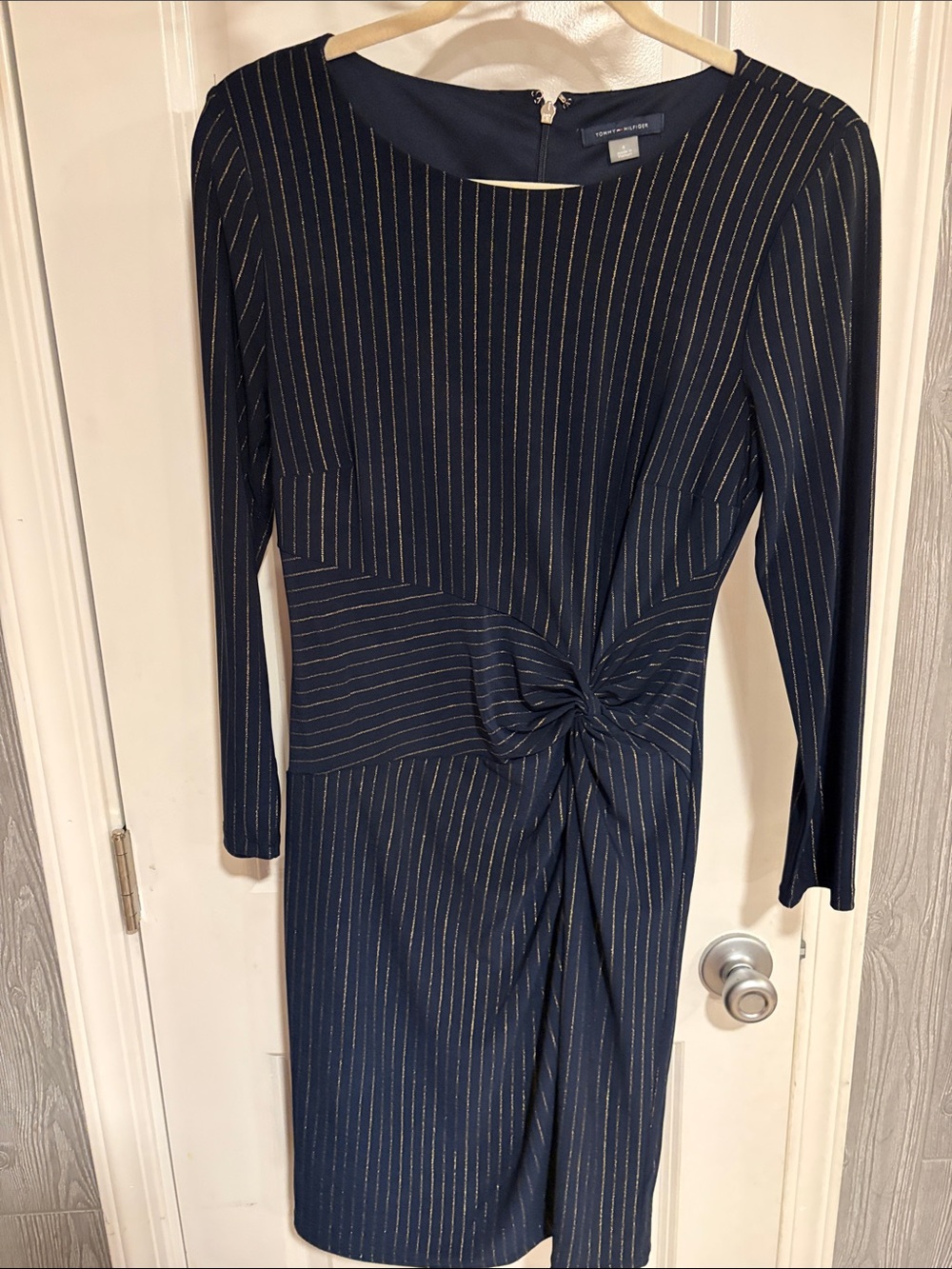 Tommy Hilfiger Navy Dress with Gold Pinstripes and Twist Detail